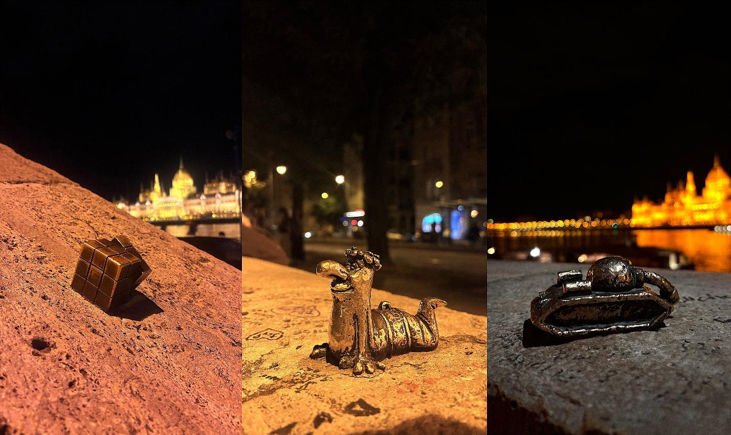Budapeşte’de gece çekilmiş üç küçük Kolodko heykeli