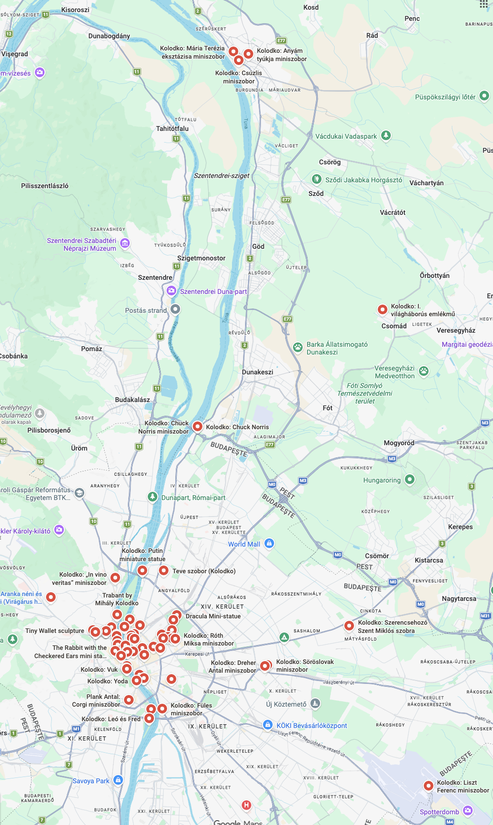 Budapeşte’de Kolodko heykelleri için harita listesi